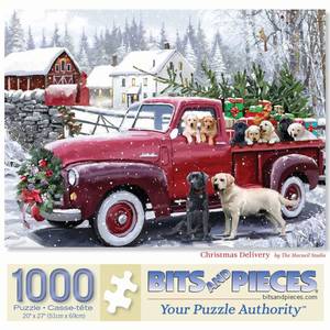 lot 2138 image: Bits and Pieces 1000 Piece Puzzles for Adults - Large 20 x 27 Jigsaw Puzzles 1000 Pieces Red Truck Presents Dogs, Random Die Cut, No 2 Pieces Alike, Christmas Delivery