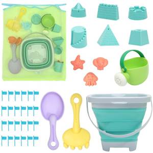 lot 2143 image: RACPNEL Beach Toys Sand Set for Kids, Collapsible Bucket and Shovels with Mesh Bag, Molds, Flags, Sandbox Kids Toddlers, Travel (Tavel Size)