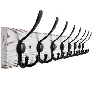 lot 2183 image: Kuhome 32.2 Large Coat Rack Wall Mount Coat Hooks with 8 Metal Black Triple-Hooks Old White Pine Real Wood Plank Hat Rack for Wall Hooks