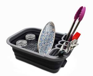 lot 2228 image: SAMMART Collapsible Dish Drainer with Drainer Board - Foldable Drying Rack Set - Portable Dinnerware Organizer - Space Saving Kitchen Storage Tray (1, GreyBlack)