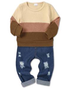 lot 2254 image: CARETOO 18-24 Months Boy Clothes Fall Winter Outfits Fashion Color Blocked Knit Shirt Top & Denim Pants Clothes Set