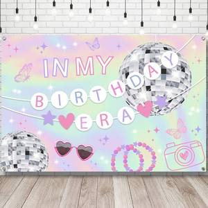lot 2274 image: Iridescent in My Birthday Era Banner, Music Birthday Decorations Music Superstar Banner for Outside Indoor,Its A Girl Backdrop for Girls Decorations 59 X 39