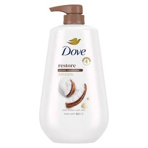 lot 2286 image: Dove Body Wash with Pump Restore Coconut & Cocoa Butter for 24hr Lotion-Soft Skin Moisturizing Skin Cleanser with No Sulfates No Parabens 30.6 Oz