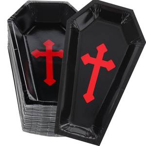 lot 2291 image: Hsei 200 Pcs Halloween Paper Plates Coffin Paper Plates Spooky Tableware Halloween Coffin Snack Tray Plate Party Supplies Disposable for Appetizer Lunch Dinner Dessert (Cross Style)