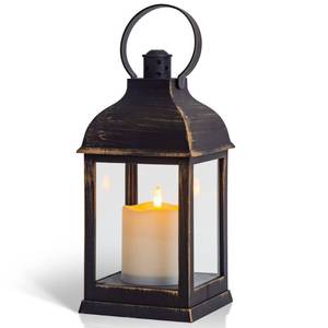 lot 5251 image: Yongmao Vintage Lantern Decorative LED Flickering Flameless Candle with Timer, Battery Powered LED Decorative Hanging Golden Brushed Black Lanterns for Indoor Outdoor Garden Yard Home Decor(1 Pack)