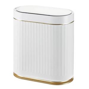 lot 5258 image: ELPHECO Bathroom Trash Can with Lid 2 Gallon Motion Sensor Garbage Can 7.5 Liter Small Trash can Touchless Bathroom Decor Waterproof Smart Waste Bin with Stripes for Bedroom, Office (White-Golden)
