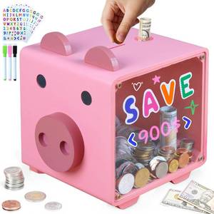 lot 5270 image: AerWo Wooden Piggy Bank for Kids, Pink Piggy Bank Girls with Acrylic Windows, Unbreakable Piggy Banks with Colored Pens and DIY Stickers, Personalized Saving Money Box for Kids Gift Birthday Christmas