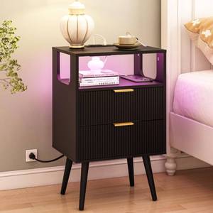 lot 5290 image: JOONEE Black Nightstand with Charging Station and LED Lights,Modern Bedside Table with 2 Storage Drawer and Open Wood Shelf, for Bedroom and Small Spaces,Night Stand with Solid Wood Legs,Black