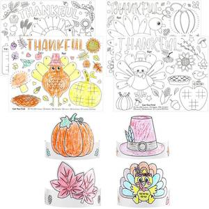 lot 6219 image: A40 Pieces Thanksgiving Coloring Placemats for Kids Thanksgiving Table Mats Coloring Paper Headbands Coloring Activities for Thankful School Holiday Craft Activity