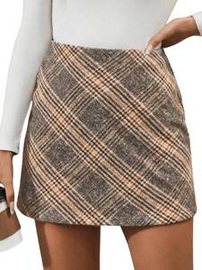 lot 6262 image: MakeMeChic Womens Plaid Mini Skirt High Waist Pencil Bodycon Short Fall Skirts Beige Small