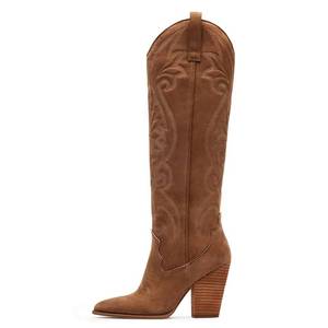 lot 7587 image: VOMIRA Knee High Cowboy Boots - Suede Womens Pointed Toe Chunky High Heels Pull-on Embroidered Western Wide Calf Cowgirl Boots