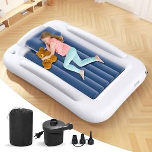 lot 7607 image: Deeteck Inflatable Toddler Travel Bed - 60 Inches Portable Toddler Bed for Travel with Safety Sides - Cozy Kids Air Mattress Set with Built-in Electric Pump & Carry Case- Easy to Inflate - Sea Blue