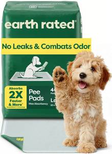 lot 7609 image: Earth Rated Max Absorbency Puppy Pee Pads for Dogs Absorbs 2X Faster & 2X More, Leak-Proof, Odor Control Potty Training, Unscented, Large, 22�� x 23��, 40 Count