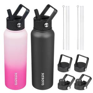 lot 7615 image: BJPKPK 2 Pack Insulated Water Bottles with Straw Lids, 40oz Stainless Steel Metal Water Bottle with 6 Lids, Leak Proof BPA Free Jugs, Cups, Flasks for Travel, Sports (CherryBlack)