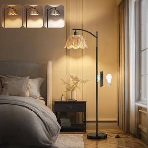 lot 7618 image: Oneach Arc Floor Lamp for Living Room with 3 Color Temperatures, Rattan Boho Floor Lamp with Hand-Woven Wicker Shade,Farmhouse Floor Lamps with Remote & Dimmable Bulb, Suitable for Bedroom��Black��