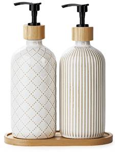 lot 7626 image: Getstar Hand and Dish Soap Dispenser Set, Ceramic Soap Dispenser for Bathroom and Kitchen with Rust Proof Pump and Tray, Set of 2 (Black Pump)