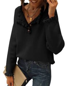 lot 7630 image: BTFBM Womens Sweaters Fall Winter Clothes 2026 Long Sleeve Button Down Ruffle Crew Neck Casual Knitted Pullover Tops(Black, X-Large)