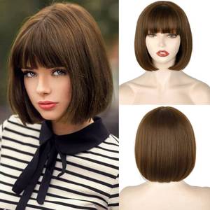 lot 8300 image: WERD Short Brown Bob Wig with Bangs,10 inch Brown Straight Bob Wig for Women Heat Resistant Fiber for Cospaly Velma
