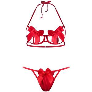 lot 8318 image: EASYLONGJEE Sexy Womens Exotic Lingerie Sets, Bow Tie Hot Cute Teddy 2 Piece Lingerie Set Christmas Valentines Lingerie Red Onesize 2-8
