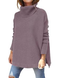 lot 8329 image: ANRABESS Womens Oversized Turtleneck Batwing Sleeve Spilt Casual Loose Knit Tunic Pullover Sweater Tops 2025 Fall Outfits Purple Small
