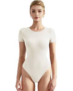 lot 8332 image: SUUKSESS Women Short Sleeve Bodysuit Crew Neck Thong Body Suit Shirts Basic Tops (White, M)