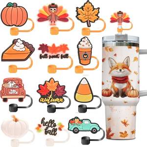 lot 8372 image: 12PCS Thanksgiving Straw Toppers for Stanley Cups,10mm 0.4in Silicone Reusable Halloween Fall Straw Covers Cap Compatible with 30&40oz Tumbler with Handle,Funny Tumbler Accessories for Halloween Gifts