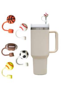 lot 8378 image: Generic 5 PCS Silicone Straw Covers for Stanley Cup, Dust Proof Straw Toppers, Sports Themed Stanley Cup Accessories, Softball Straw Cover, 10mm, White, SC1327