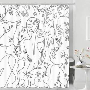 lot 8404 image: Abstract Shower Curtain for Bathroom Decor, Funny Boho Cat Shower Curtains, Black Lines Women Face Floral Butterfly Silhouette Aesthetic Minimalist Art Printed Fabric Polyester Waterproof 12 PC Hooks