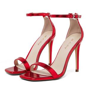 lot 9442 image: Elisabet Tang Womens Stiletto Heels Square Open Toe Ankle Strap High Heeled Sandals 4 Inch Comfort Sexy Dressy Shoes Red Metallic 6