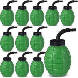 lot 9451 image: Tanlade Army Birthday Party Camo Party Supplies Grenade Cups with Straws and Lids, 10 oz Plastic Grenade Shape Cup Reusable Cups Bulk for Army Soldier Camouflage(12 Pcs)