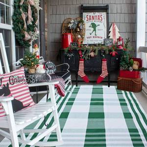 lot 10274 image: Christmas Door Mat Outdoor 4 x 6 Green and White Plaid Rug Christmas Decor Rug Cotton Hand-Woven Layered Door Mats Washable Carpet for Front Porch, Kitchen, Farmhouse, Entryway