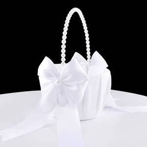 lot 10281 image: STAFUNI Wedding Flower Girl Basket, Pearl Handle Cute Flower Basket for Flower Girl, White