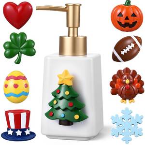 lot 10283 image: Gejoy Seasonal Holiday Soap Dispenser Magnetic Interchangeable Set - Ceramic Hand Soap Dispenser with 9 Seasonal Resin Ornaments & Magnetic Pads - Festive Bathroom & Kitchen Dec for Christmas(Gold)