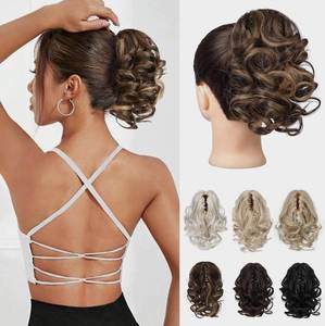 lot 10289 image: REECHO Ponytail Extension, 9 Claw Clip in Short Curly Wavy Pony Hair Extension Jaw Clip on Pony Tail HP001 Hairpiece for Women - Chestnut Brown with Golden Highlights