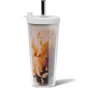lot 10304 image: Dodoko Reusable Boba Cup with Resealable Lid Plug - 17 Oz Double Wall Insulated  Smoothie Tumbler  Wide Stainless Steel Straw For Bubble Tea, Boba Pearls - White