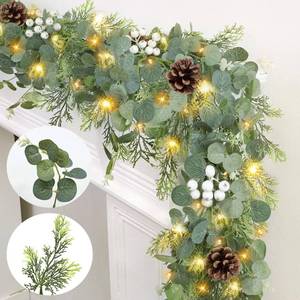 lot 11599 image: Prelit & Timer - 6 Ft Christmas Garland with Lights, Real Touch Cedar Garland Soft Bendable Thickness Eucalyptus Cypress Pine Garland with Pinecone Berry, Lighted Garlands for Mantle Table Stairs