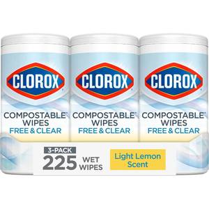 lot 11605 image: Clorox Free & Clear Cleaning Wipes, Light Lemon Scent, 75 Count, Pack of 3 (Pack May Vary)
