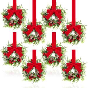 lot 11614 image: Dingion 8 Pcs Mini Christmas Kitchen Cabinet Wreath Small Christmas Wreath Decorations Norfolk Pine Artificial Berries Snowy Pine Garland with Red Ribbon for Xmas Table Centerpiece Front Door Decor