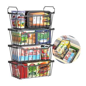 lot 11622 image: Evercove Freezer Organizer Bins with Foldable Handle, 4 Pack Stackable Freezer Baskets Deep Chest Freezer Organization, Black Metal Freezer Storage Bins Space Utilization Bins