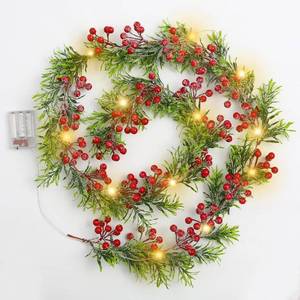 lot 11623 image: Breeze Touch 5.9FT Lighted Snow Christmas Garland, Olive Garland with Red Berries,Battery Operated Christmas Garland for Mantel, Staircase and Table Winter Holiday Decorations