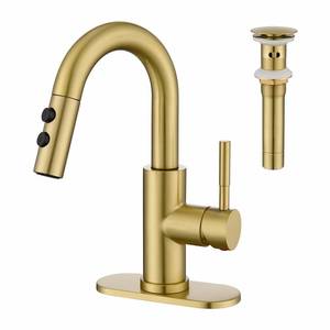 lot 13634 image: Kablle Bathroom Sink Faucet with Pull Down Sprayer, Brushed Gold Single Handle Pull Out Faucet with Pop-Up Drain, 1 or 3 Hole Laundry Bar Basin Faucet with Deck Plate, KBL-7002BG-CL