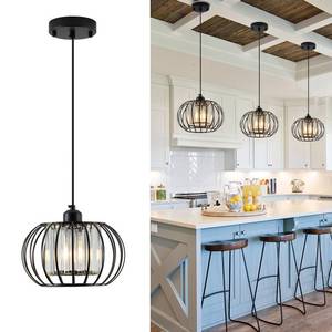 lot 13643 image: XSDeTu Black Pendant Light Fixture, Farmhouse Hanging Lights with Crystal, Adjustable Mini Kitchen Pendant Light, Modern Industrial Metal Wire Caged Hanging Pendant Lamp for Living Room, Bedroom