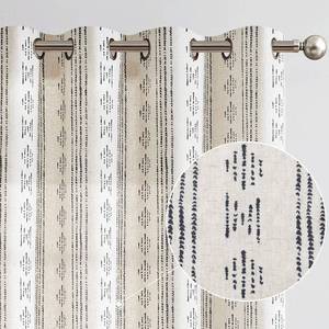 lot 13658 image: jinchan Boho Curtains Linen Blend Drapes for Living Room Farmhouse Black 96 Inch Length Geometric Striped Mudcloth Grommet Curtains 2 Panels Black on Beige