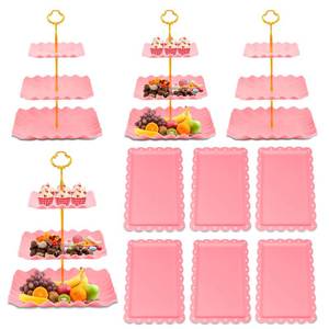 lot 13673 image: 10 Pack Dessert Table Display Set - 4 x Three-Tier Square Cupcake Stands and 6 x Serving Trays, Elegant Tableware for Cakes, Cupcakes, Pastries, and Snacks, Perfect for Parties (Pink)