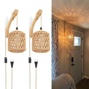 lot 13674 image: Frideko Plug in Wall Sconces Set of Two Hand Woven Lamp with Cord Rattan Lights Farmhouse Sconce Mounted Light Boho Lighting for Bedroom Living Room