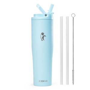 lot 14005 image: Coolflask Water Bottle 40 oz Fits Car Cup Holder, Slim Tumbler Stainless Steel with Straw & Handle, Vacuum Flask Leakproof Wide Mouth for Travel Sports Gym, Blue