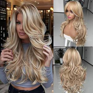 lot 14006 image: Jolelyne Ombre Platinum Brown Highlight Layered Wavy Wig With Curtain Bangs Long Wavy for Black White Women Synthetic Light Blonde Highlight Wig Curly Natural Body Wave for Daily Party Use 24inch