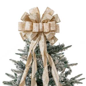 lot 14019 image: Christmas Tree Topper, 40x13 Inches Toppers Bow with Glitter Satin Mesh Streamer and Patterned Ribbon, Christmas Tree Topper Bow for Christmas Home Decoration (Champagne Gold)