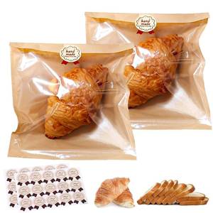lot 14021 image: 100 Pack Bread Paper Bags for Homemade Bread, 8 x 8 Heat-Sealable Bakery Bags with Clear Front Window and Label Seal Stickers for Baked Goods Cookie Cake Sandwich Candy, Brown