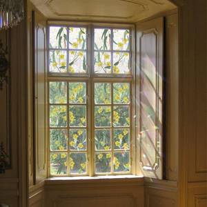 lot 14457 image: Flortlias Rainbow Watercolor Green Leaves Window Film, Privacy Iridescent Static Cling Double-Sided Window Decals for Window Door Glass Decor, Golden Flowers, 39.37 x 16.93